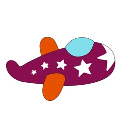 Plane. Red airplane with stars in cartoon style. Cute funny kids vector illustration isolated on white background.