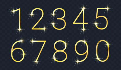 Gold glitter numbers set. Collection symbols glistering, sparkle, shine, decoration.