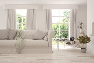 Minimalist living room in white color with sofa and summer landscape in window. Scandinavian interior design. 3D illustration