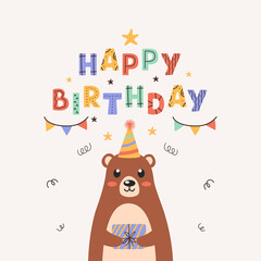 Cute teddy bear holding a gift box in its paws. Colorful birthday card with lettering on pastel background. Scandinavian style. Vector illustration