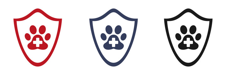 Pet first aid icons set. Dog or cat paw print. Medical cross symbol. Illustration © Andrii