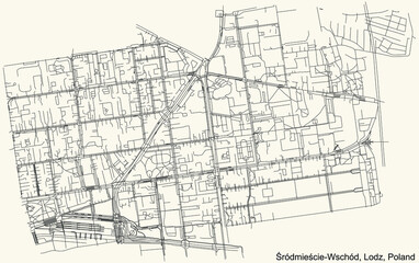 Black simple detailed street roads map on vintage beige background of the quarter Śródmieście-Wschód district of Lodz, Poland