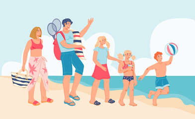 Seacoast with happy family on summer vacation, flat vector illustration. Parents with children on sea beach. Mother, father and kids enjoying summer vacation.