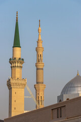 Fototapeta na wymiar Ottoman Turkish style minaret in Medina. Minarets of Masjid Nabawi - Prophet Mosque. Madinah al Munawwarah