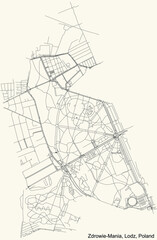 Black simple detailed street roads map on vintage beige background of the quarter Zdrowie-Mania district of Lodz, Poland