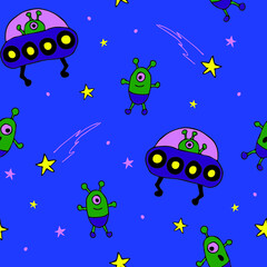 Seamless vector pattern with cartoon aliens on blue background. Simple UFO wallpaper design for children. Hand drawn space fashion textile.