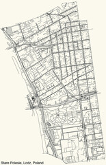 Black simple detailed street roads map on vintage beige background of the quarter Stare Polesie district of Lodz, Poland