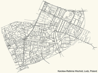 Black simple detailed street roads map on vintage beige background of the quarter Karolew-Retkinia Wschód district of Lodz, Poland