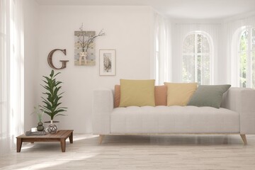 White living room with sofa. Scandinavian interior design. 3D illustration