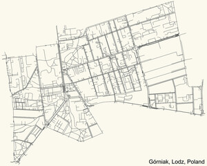 Black simple detailed street roads map on vintage beige background of the quarter Górniak district of Lodz, Poland