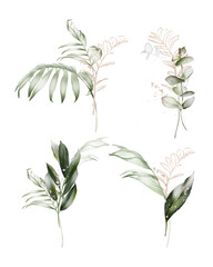 Set of bouquets with gold and green branches on a white background