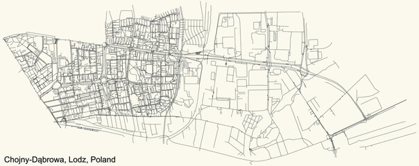 Black simple detailed street roads map on vintage beige background of the quarter Chojny-Dąbrowa district of Lodz, Poland