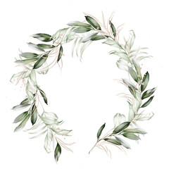 Wreath with golden and green branches on a white background