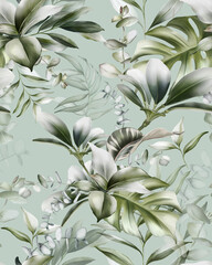 Tropical leaves seamless pattern. Exotic jungle wallpaper.