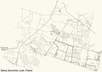 Fototapeta na wymiar Black simple detailed street roads map on vintage beige background of the quarter Bałuty Zachodnie district of Lodz, Poland