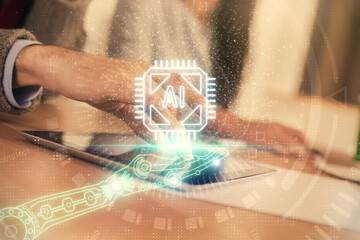 Double exposure of data theme hologram drawing and man and woman working together holding and using a mobile device.