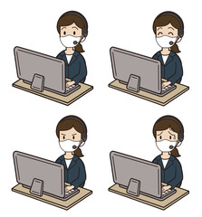 パソコン入力をしながら電話応対をするスーツの女性 コールセンター 表情パターン マスク ななめ 斜め