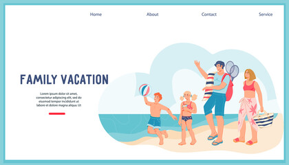 Summer family vacation web banner concept with happy family on the beach, flat vector illustration. Website interface for family joint summer vacation at sea.