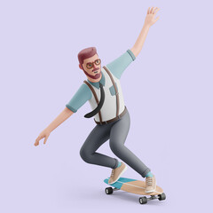 Young man sliding on a longboard. Mockup 3d character illustration