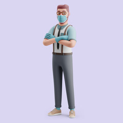 Young man with protection (mask and gloves) stands confidently. Mockup 3d character illustration