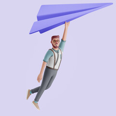 Young man flying on a giant paperplane. Mockup 3d character illustration