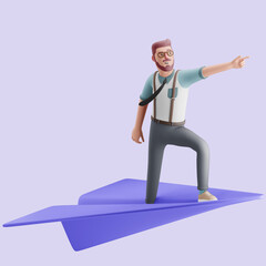 Young man standing on a giant paper plane and pointing forward. Mockup 3d character illustration