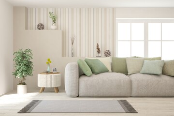 Soft color living room with sofa. Scandinavian interior design. 3D illustration