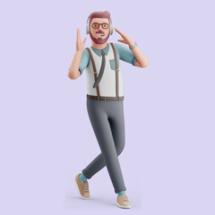 Young man actively listens to music and dancing. Mockup 3d character illustration