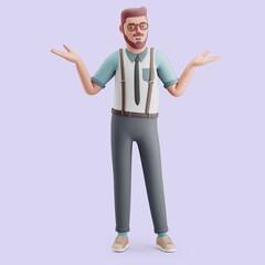 Young man shrugs his shoulders in a choice posture. Mockup 3d character illustration