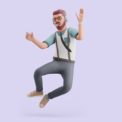 Young man jump cheerful with foot clap pose. Mockup 3d character illustration