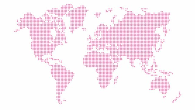 Animated pink world map from point pattern. Vector illustration isolated on a white background.