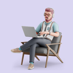 Young man working In a comfortable chair. Freelance Mockup 3d character illustration - obrazy, fototapety, plakaty