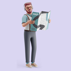 Young man with a map. Mockup 3d character illustration