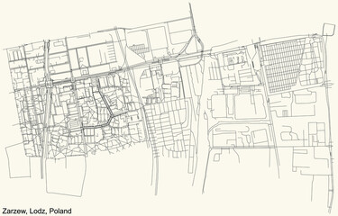 Black simple detailed street roads map on vintage beige background of the quarter Zarzew district of Lodz, Poland