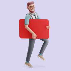 Young man with a giant card. Mockup 3d character illustration