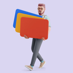 Young man walking with a lot of giant cards in his hands. Mockup 3d character illustration