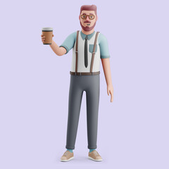 Young man holding a takeaway coffee cup. Mockup 3d character illustration