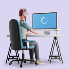 Young man working at a computer at the desk. Screen Mockup 3d character illustration