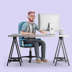 Young man working at a computer at the desk. Workplace Mockup 3d character illustration