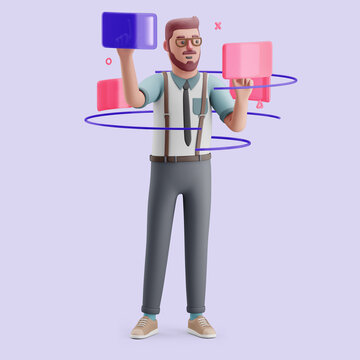 Young man using future interface technology. Mockup 3d character illustration