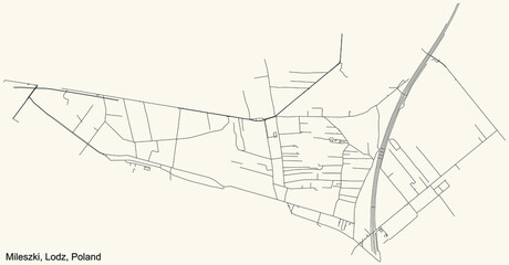 Black simple detailed street roads map on vintage beige background of the quarter Mileszki district of Lodz, Poland