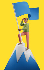 Cheerful young African man standing on the top of a mountain with a flag and with a searching gesture. Mockup 3d character illustration