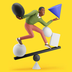 Cheerful young African man balancing with abstract shapes. Multitask concept. Mockup 3d character illustration