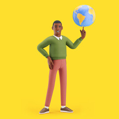 Cheerful young African man spinning a globe of the earth. Mockup 3d character illustration
