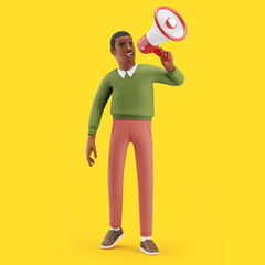 Cheerful young African man with a megaphone. Mockup 3d character illustration