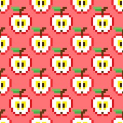 Apple's pixel art pattern. Pattern pixel art. Pattern fruit. Pixel apple Seamless Pattern, background.