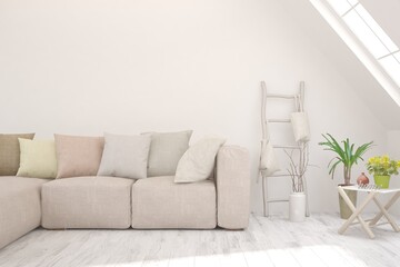 White living room with sofa. Scandinavian interior design. 3D illustration