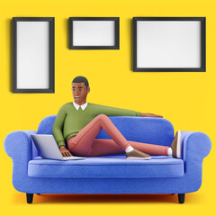 Cheerful young African man chilling on a sofa and watching laptop. Mockup 3d character illustration