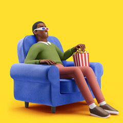 Cheerful young African man watching a movie in a cinema chair with popcorn. Mockup 3d character illustration
