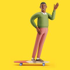 Cheerful young African man riding on a longboard with a greetings gesture. Mockup 3d character illustration